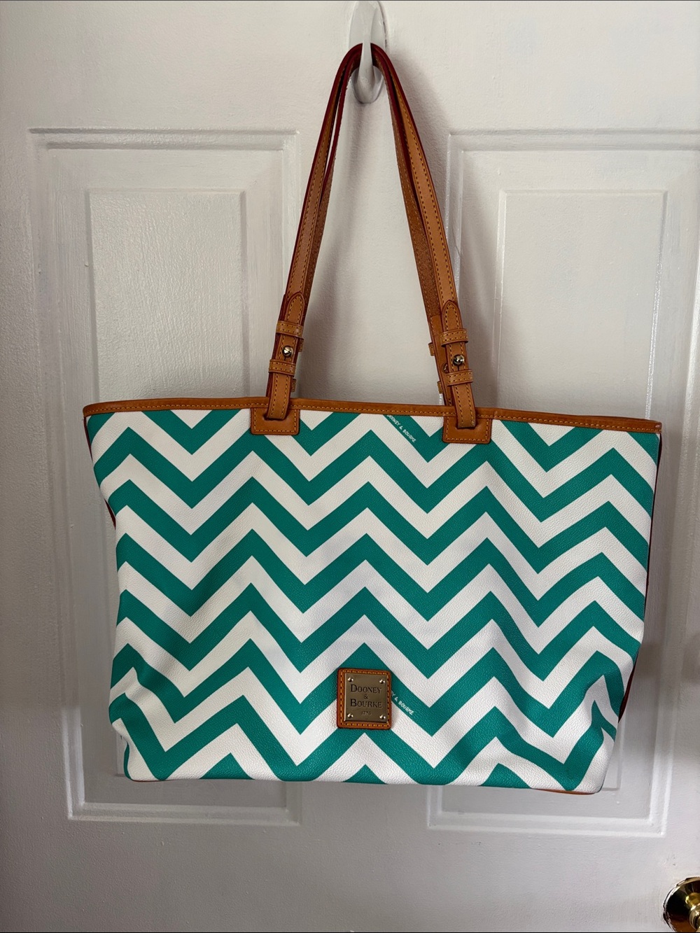 Dooney & Bourke Teal and White Chevron Tote with Tan Trim